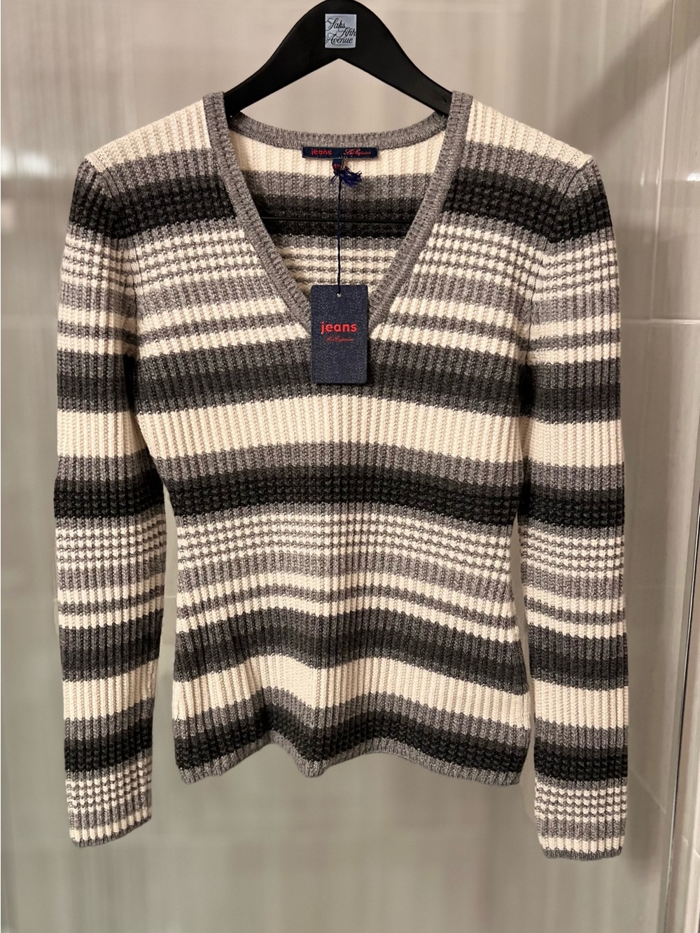 NWT Jeans Les Copains Wool Cashmere Blend Striped V-Neck Sweater Metallic